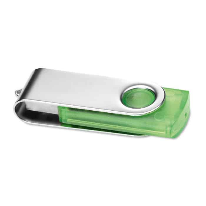 Chiavetta usb verde in plastica trasparente e copertura rotante in metallo