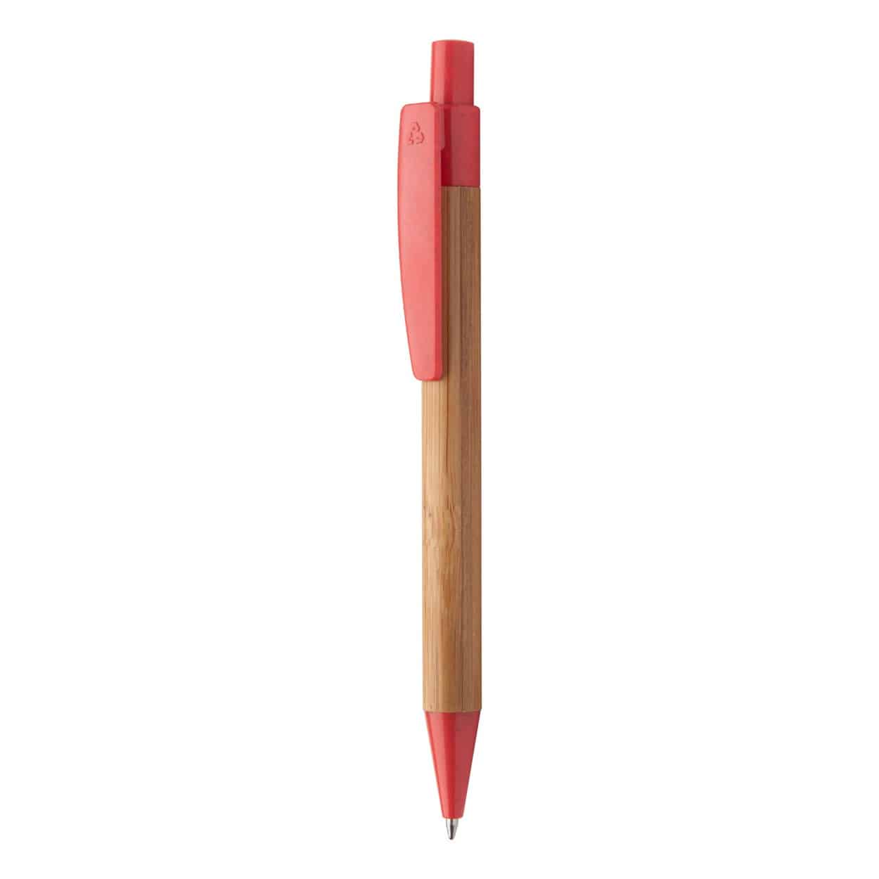 Penna a sfera in bamboo con clip e puntale in plastica ecologica rossa