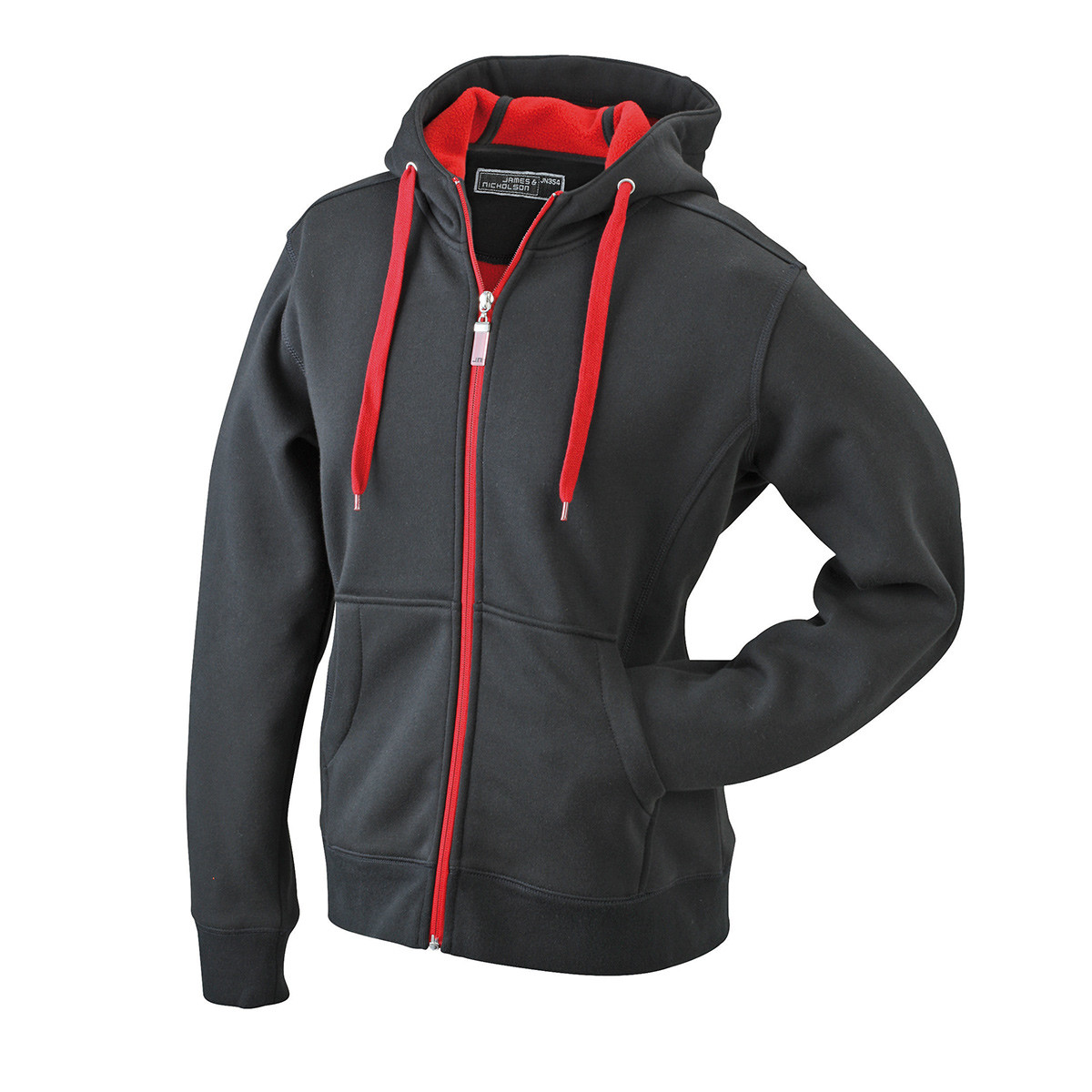 Felpa nera con interno rossa con cappuccio, zip, cordino e tasche a marsupio