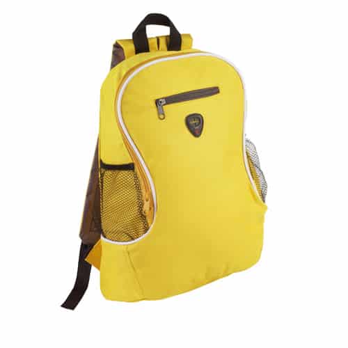 Zaino in poliestere giallo con spallacci regolabili, tasche laterali e foro per auricolari