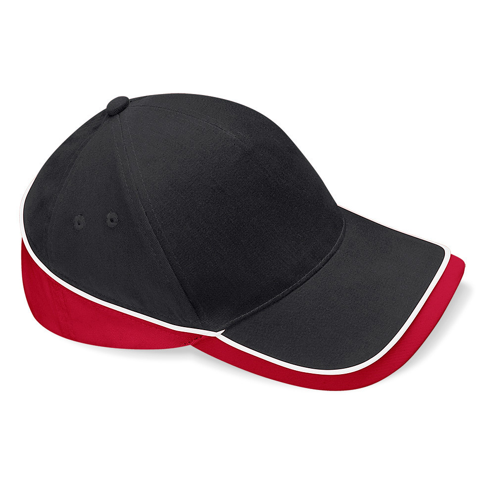 Cappellino con visiera a due colori nero e rosso diviso da linea bianca