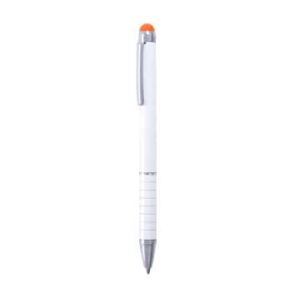 Penna in alluminio bianco con puntatore touch in gomma arancione