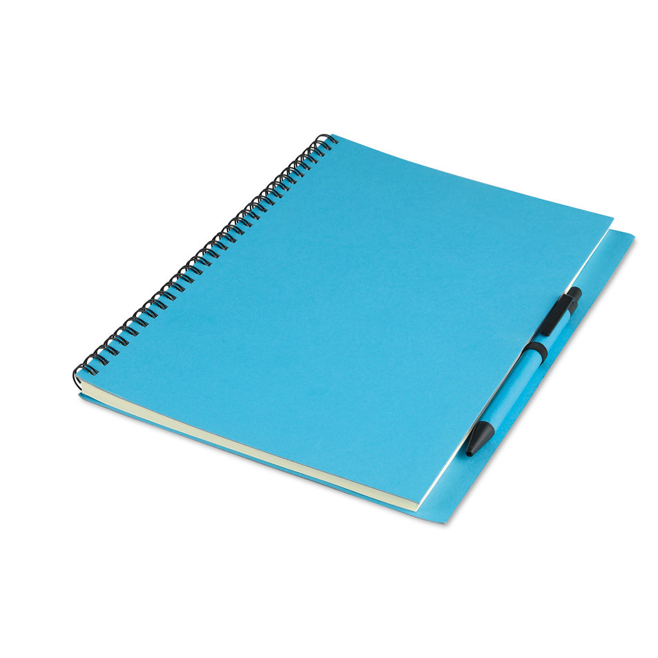 Bloc notes azzurro in carta riciclata con penna a sfera in cartone biodegradabile