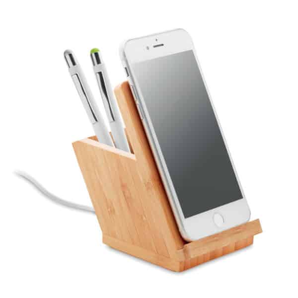 Caricatore wireless in bamboo con funzione da supporto e portapenne