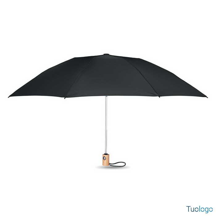 Dettaglio ombrello aperto con manico in bamboo e telaio nero