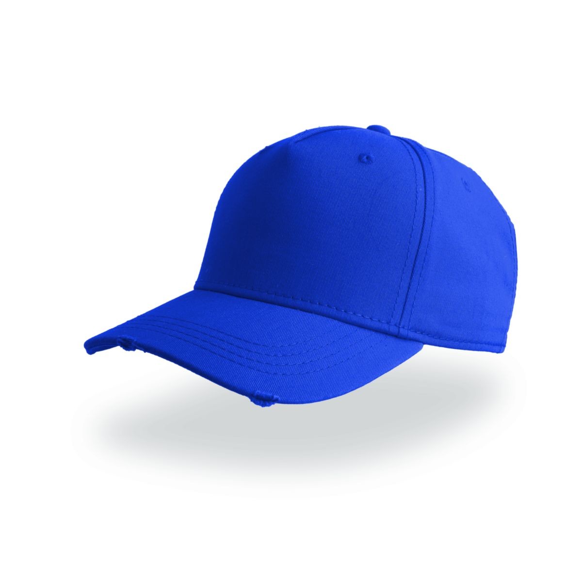 Cappellino baseball blu royal con visiera precurvata effetto rovinato su sfondo bianco