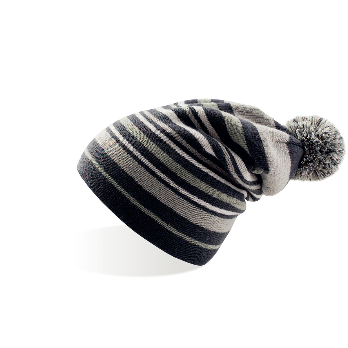 Berretto con pon pon fantasia a righe blu navy e grigio