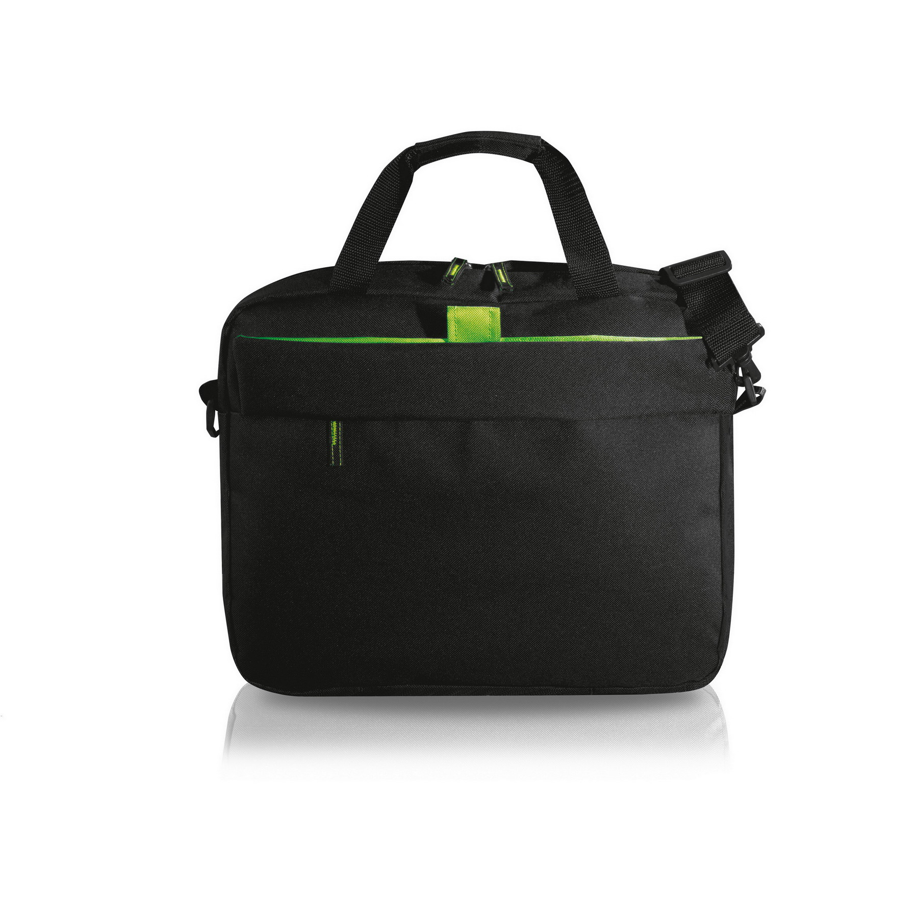 Borsa porta computer nera con maniglie imbottite, tracolla regolabile dettaglio verde