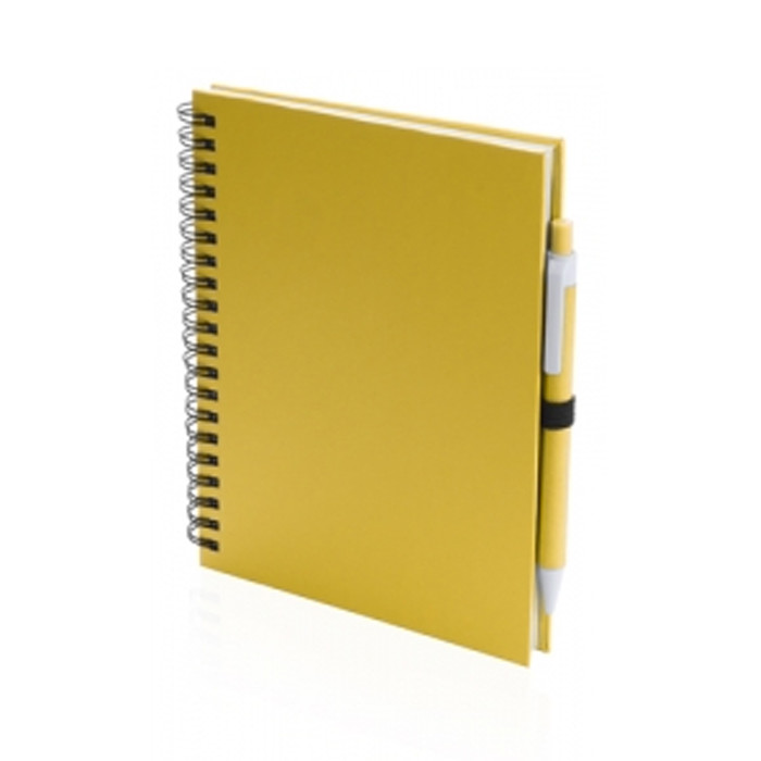 Blocnotes giallo con copertina in cartone, spirale e penna