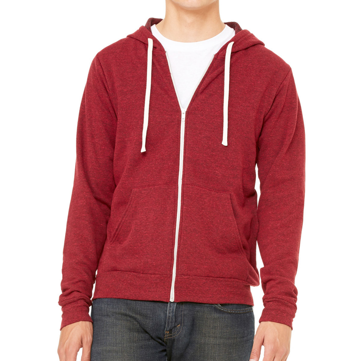 Felpa rossa in poliestere con cappuccio, zip e cordini