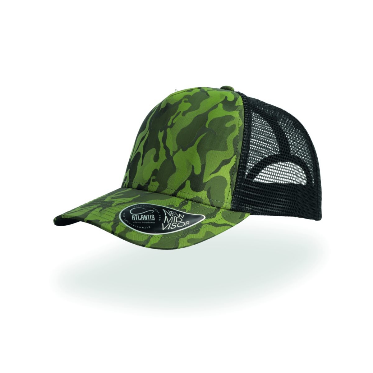 Cappellino in rete nera con pannello frontale fantasia verde su sfondo bianco