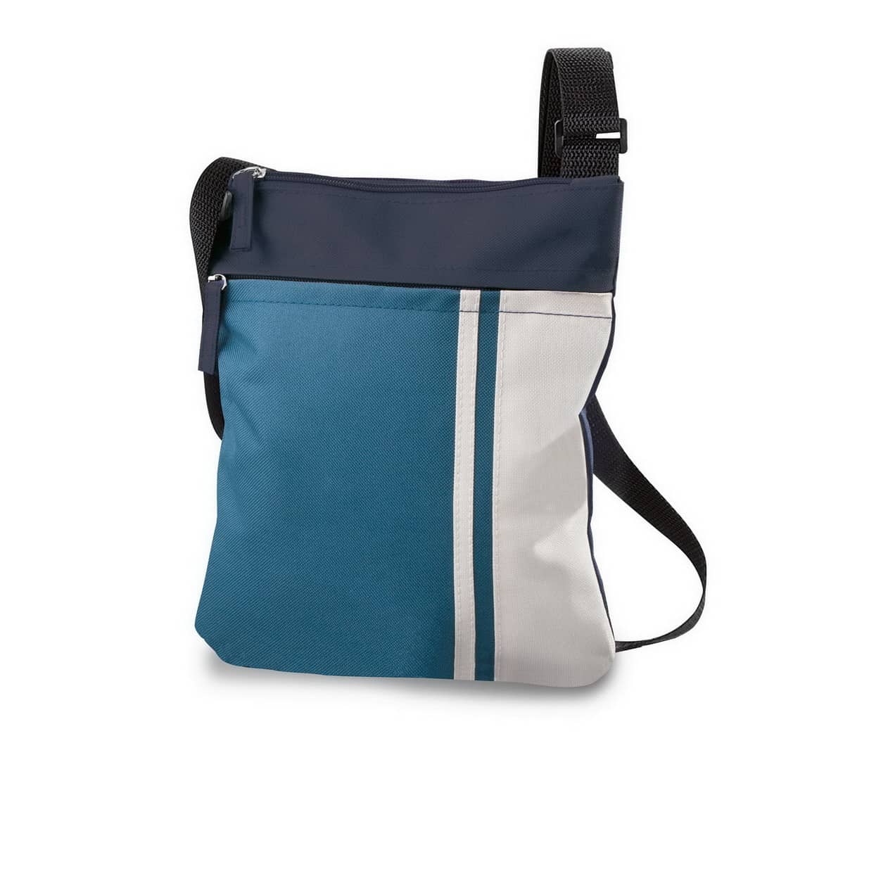 Tracolla blu e azzurra con comparto principale e tasca frontale