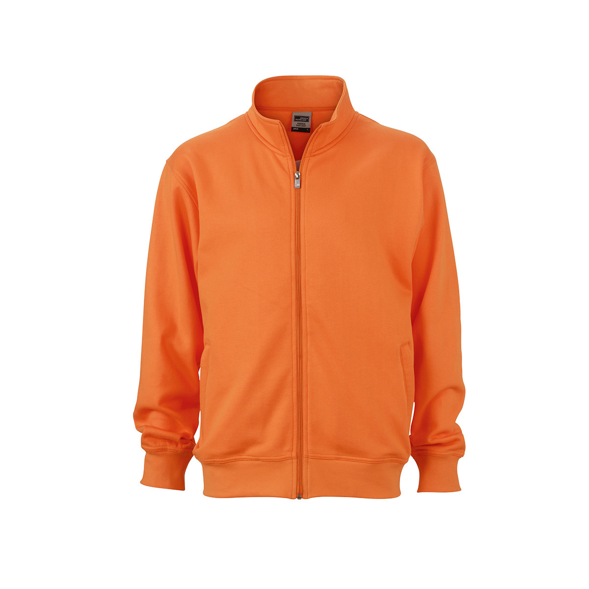 Felpa unisex arancio collo alto con girovita e polsini in costina elastica su sfondo bianco