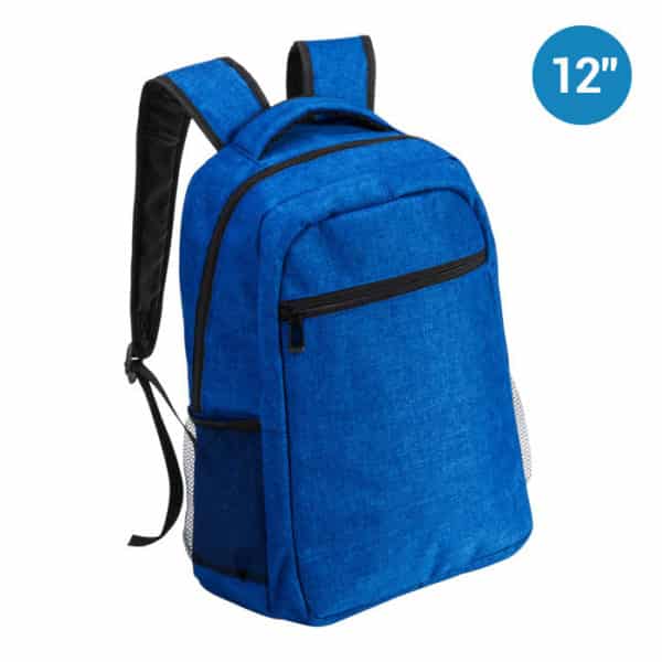 Zaino porta computer blu in poliestere con schienale imbottito e tasche laterali in rete