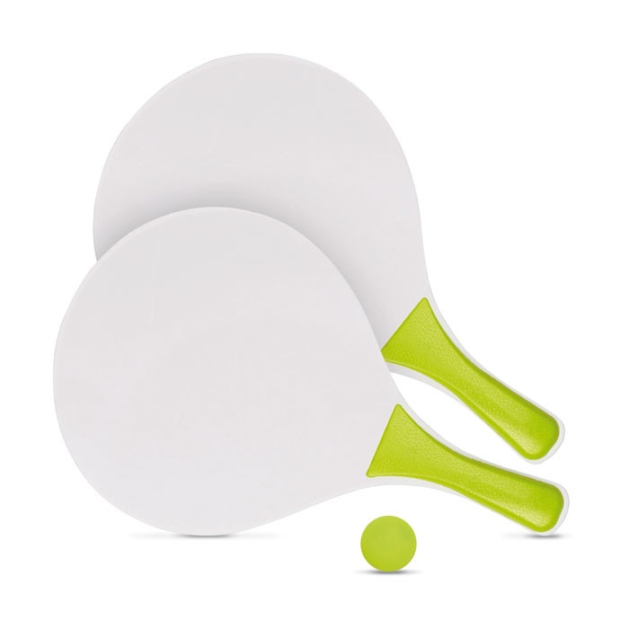 Racchette da spiaggia bianche e gialle in legno con pallina