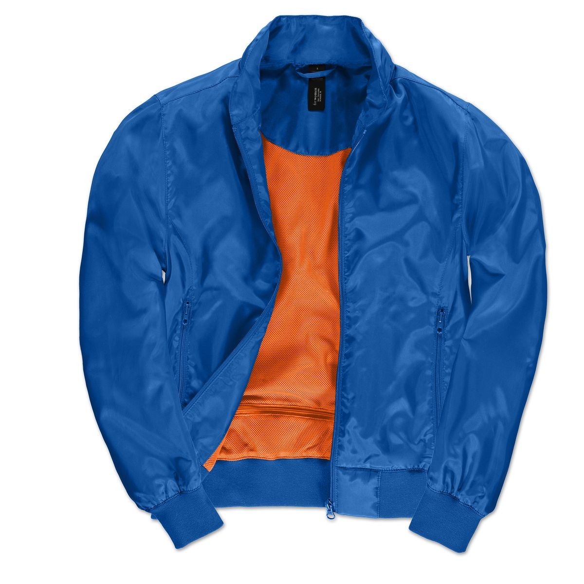 Giacca blu interno arancione traspirante con cappuccio e tasche con zip 100% poliestere