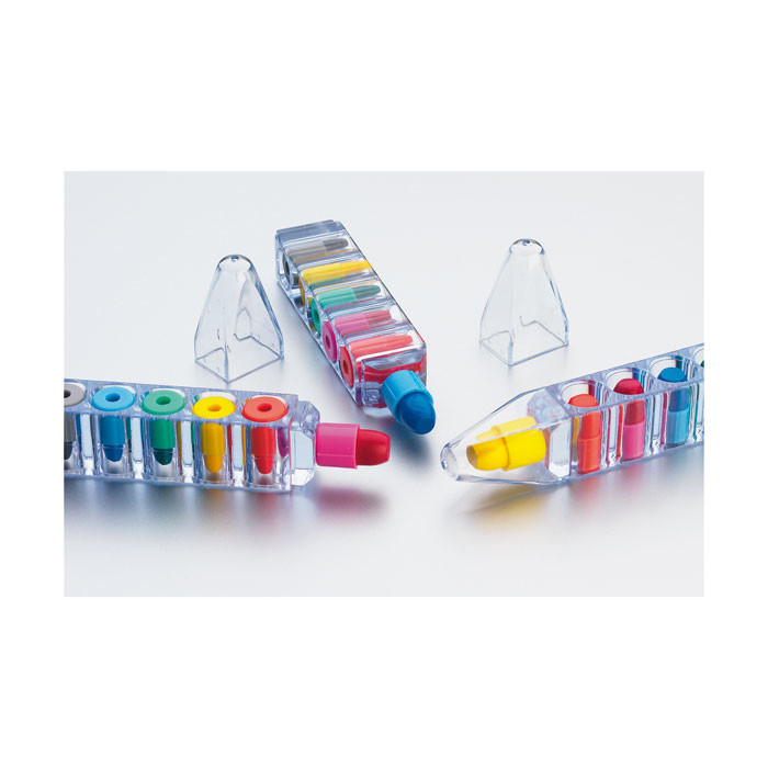 Set da sei pastelli con contenitore trasparente a forma di penna