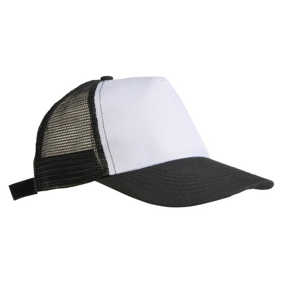 Cappellini in poliestere con pannello frontale bianco e con retro in rete e visiera neri