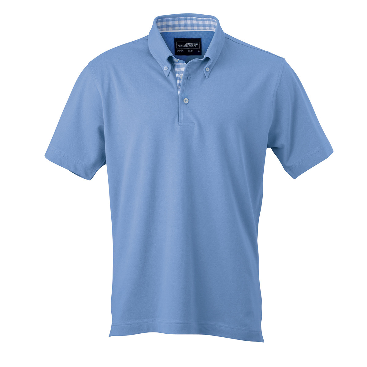 Polo azzurro unisex manica corta con fettuccia nel collo e spacchetti a quadretti azzurro bianco