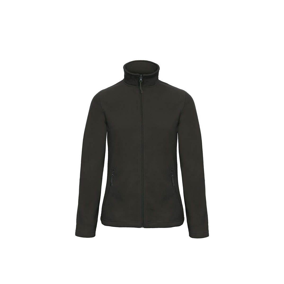 Pile da donna nero con collo alto zip lunga tasche laterali con zip su sfondo bianco