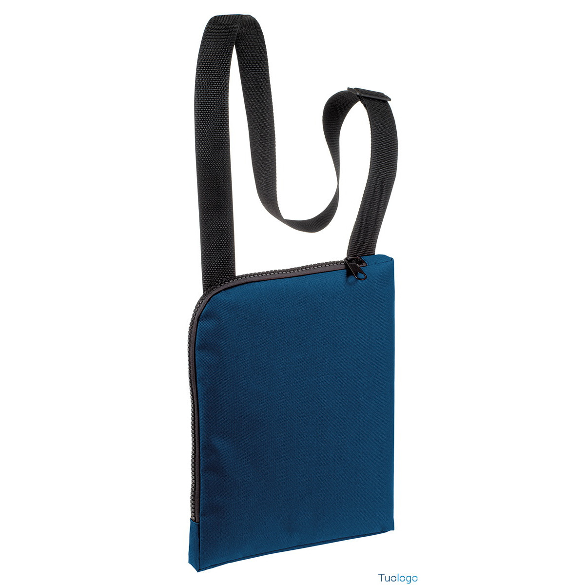 Retro di borsa con tasca portadocumenti e lunga tracolla blu navy con grossa zip nera su 2 lati