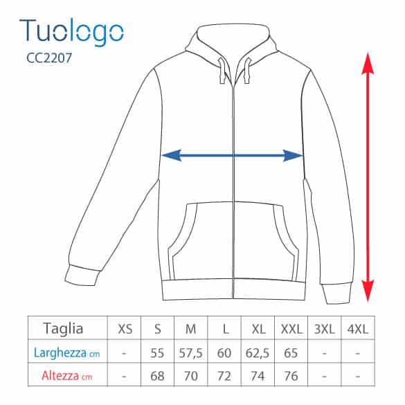 Tabella della larghezza e lunghezza taglie della felpa bicolore