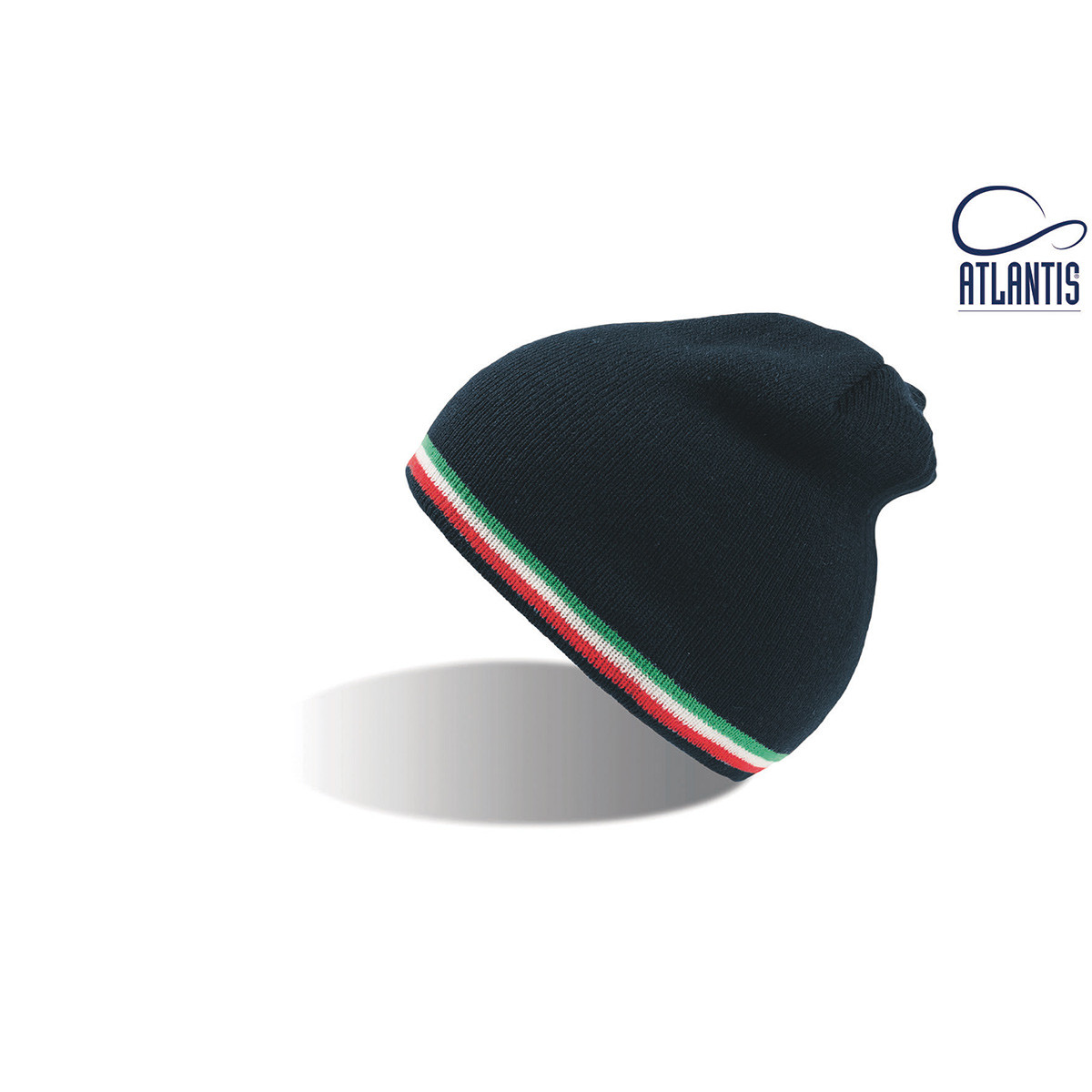 Berretto a maglia blu navy senza risvolto con fascia tricolore su sfondo bianco