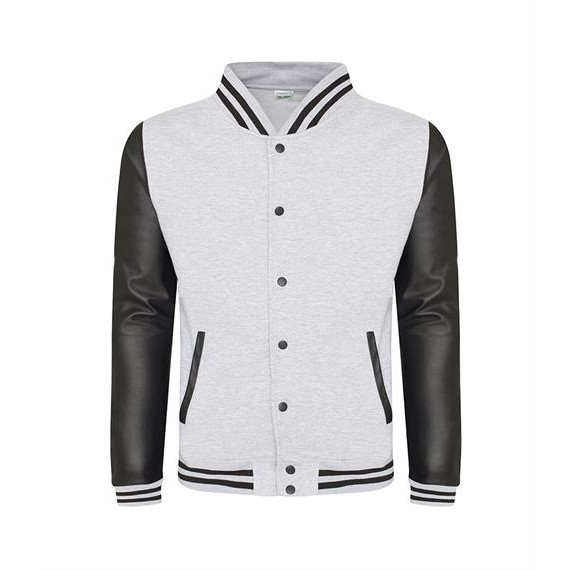 Felpa baseball grigia con maniche in pelle sintetica nera e bottoni automatici neri