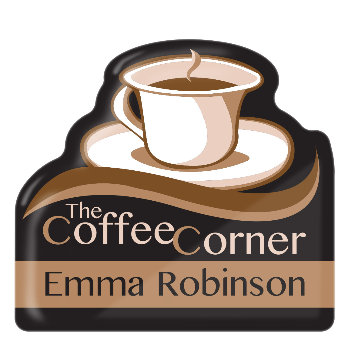 Badge sagomato a forma di caffe con logo e nome