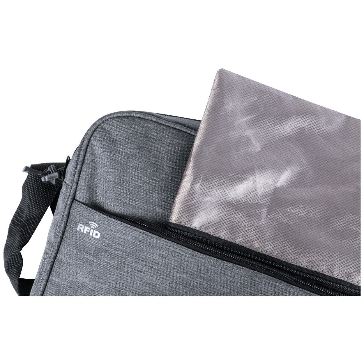 Borsa portadocumenti in poliestere grigio con tracolla regolabile e scomparti imbottiti