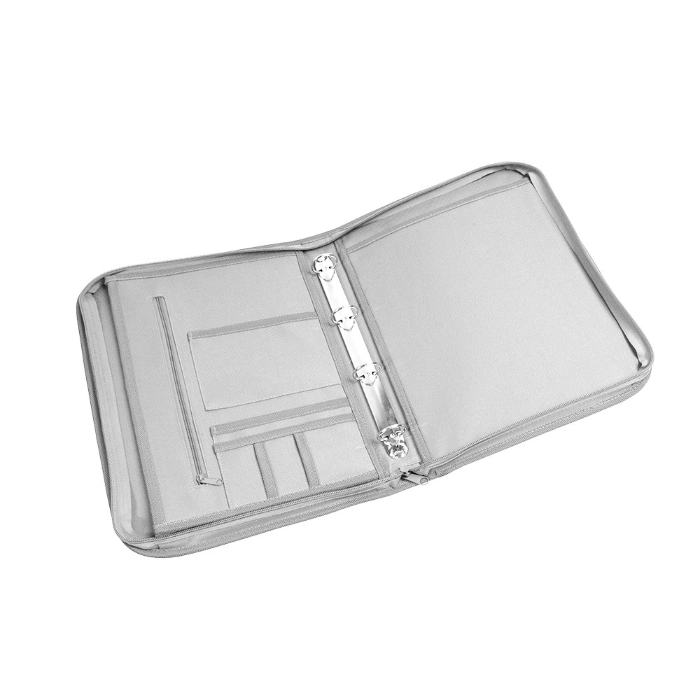 Portablocco in poliestere grigio con anelli e diversi scomparti interni