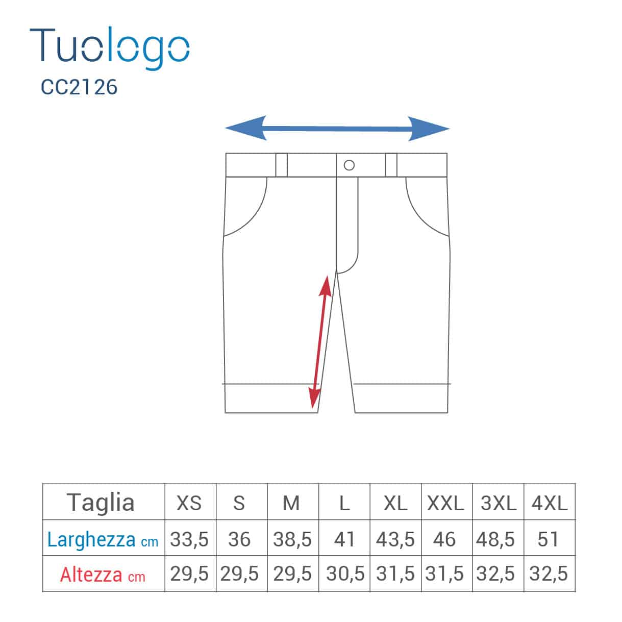 Tabella lunghezza e larghezza pantaloncini da lavoro nelle varie taglie
