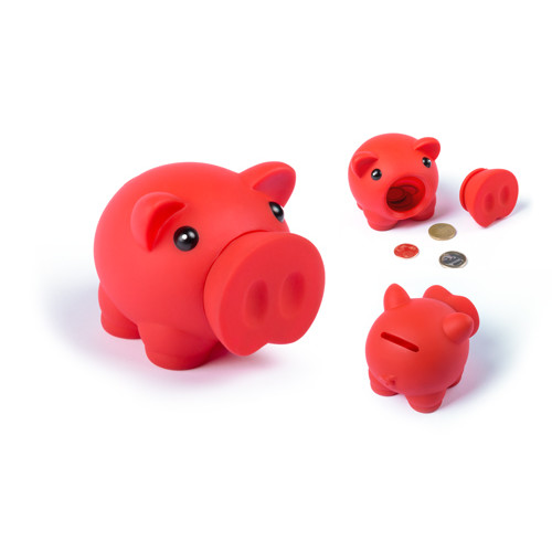 Salvadanaio rosso in plastica a forma di maialino con naso removibile