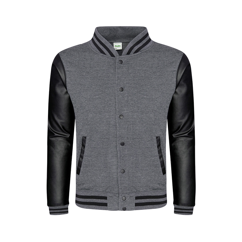Felpa baseball grigia con maniche in pelle sintetica nera e bottoni automatici neri