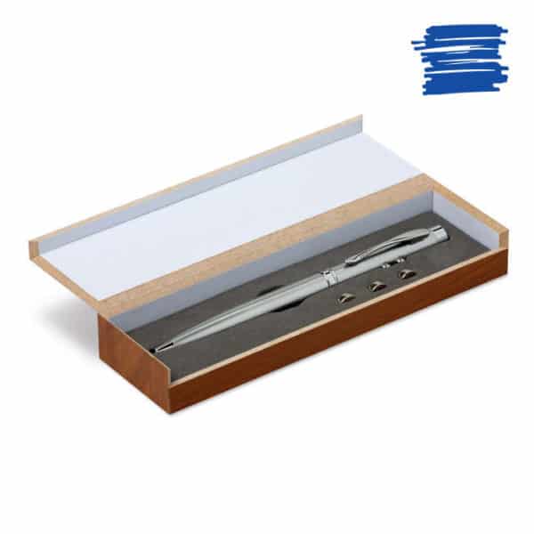 Penna multifunzione con luce bianca e puntatore laser dentro scatola di legno