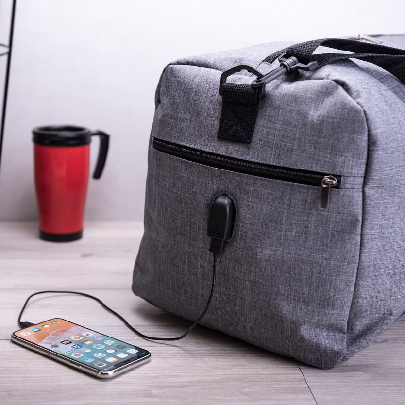 Borsone in poliestere grigio con scomparti con zip