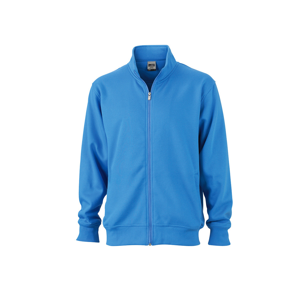 Felpa unisex azzurro collo alto con girovita e polsini in costina elastica su sfondo bianco