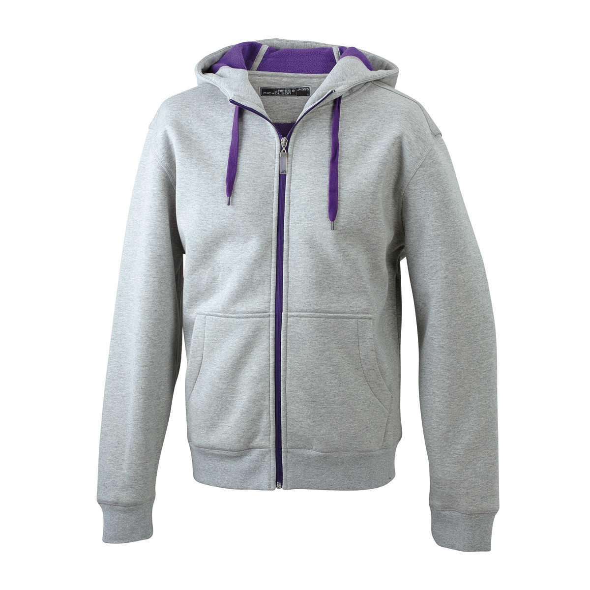 Felpa grigia con interno blu con cappuccio, zip, cordino e tasche a marsupio