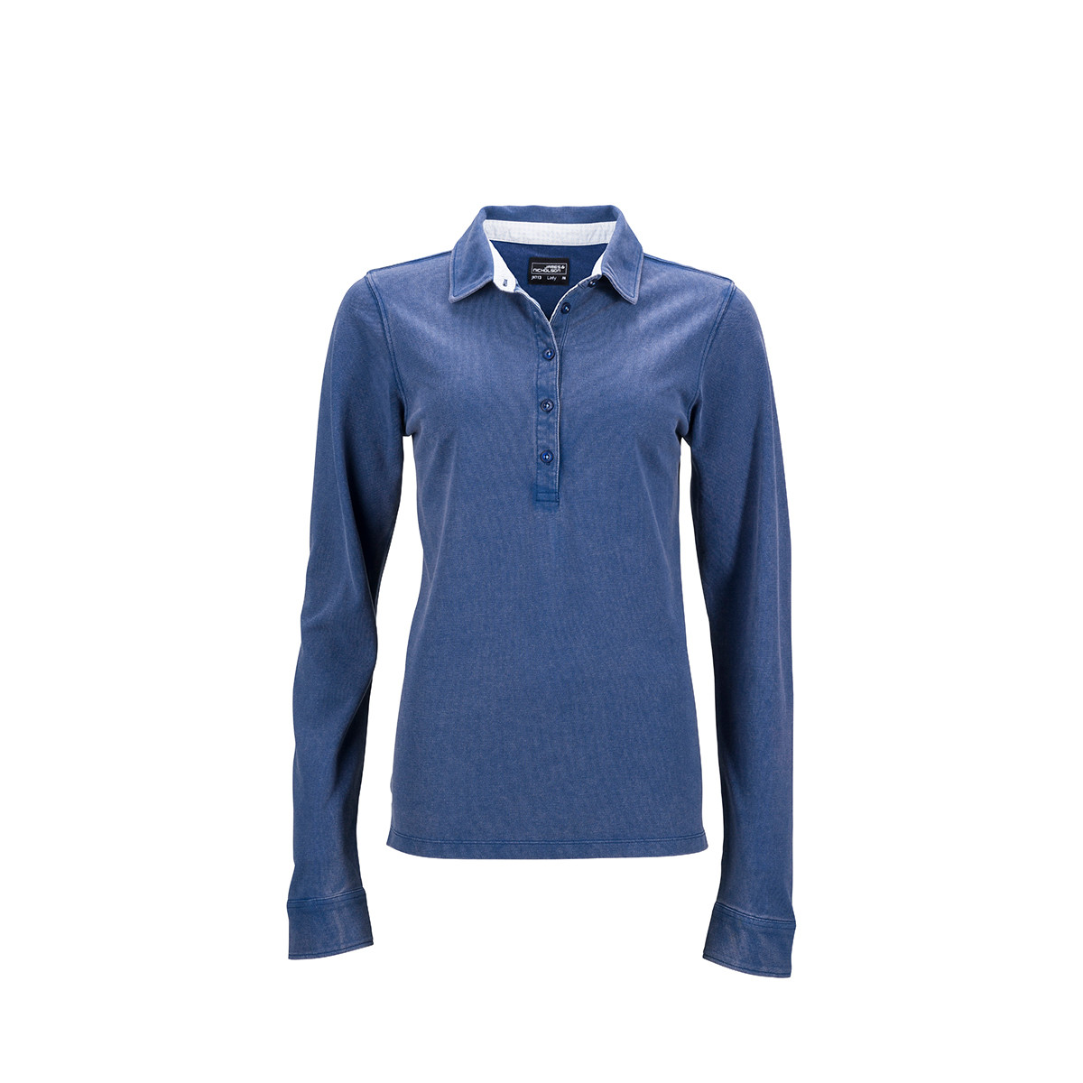Polo donna blu navy manica lunga inserti a contrasto nel colletto e 5 bottoni