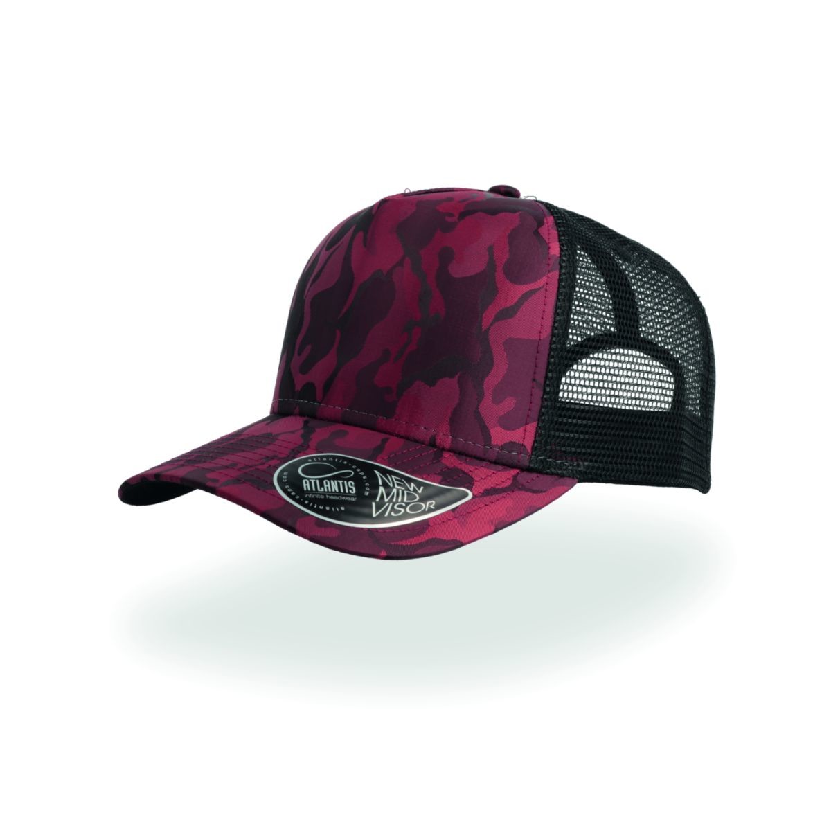 Cappellino in rete nera con pannello frontale fantasia bordeaux su sfondo bianco