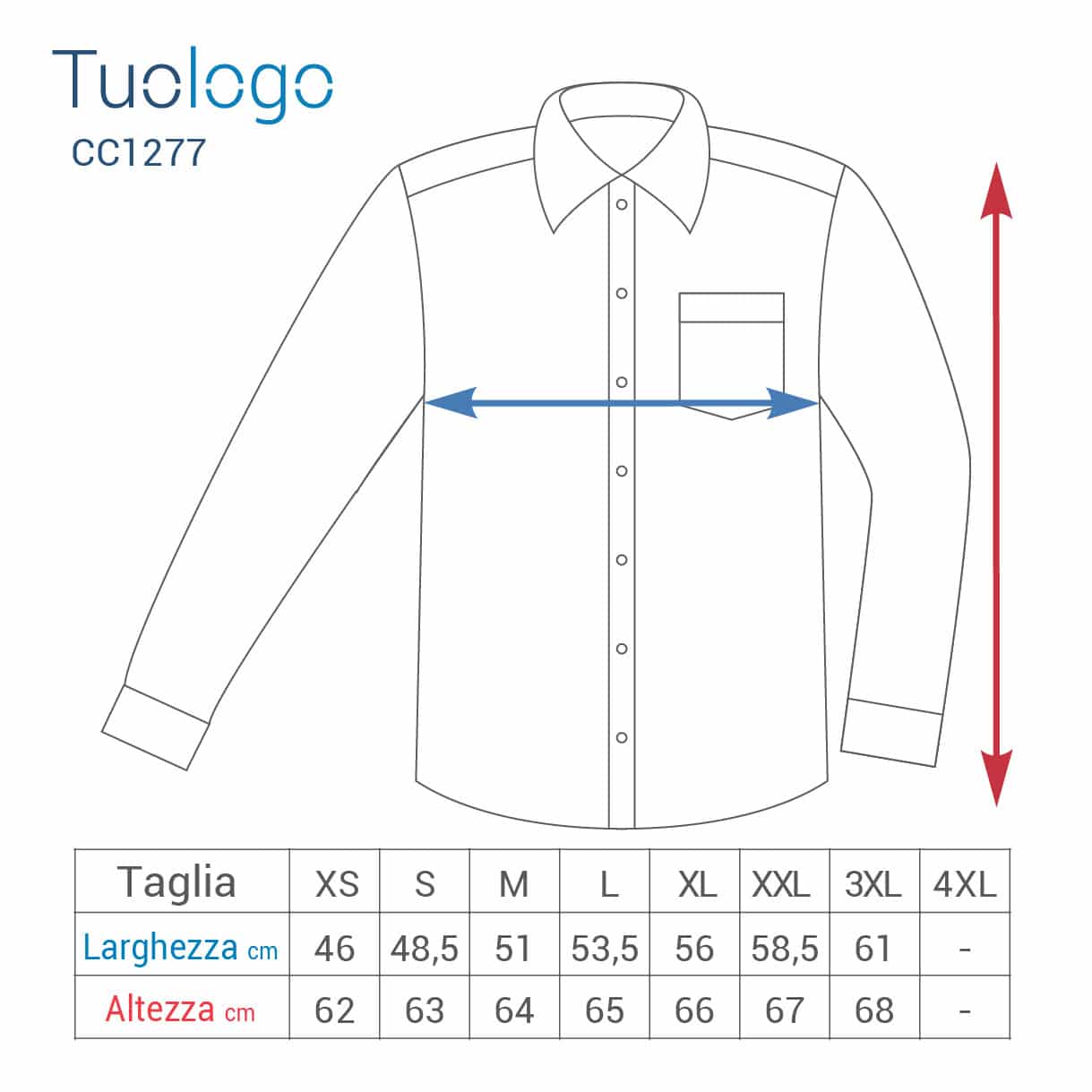 Schema delle misure delle taglie in cm delle camice manica lunga