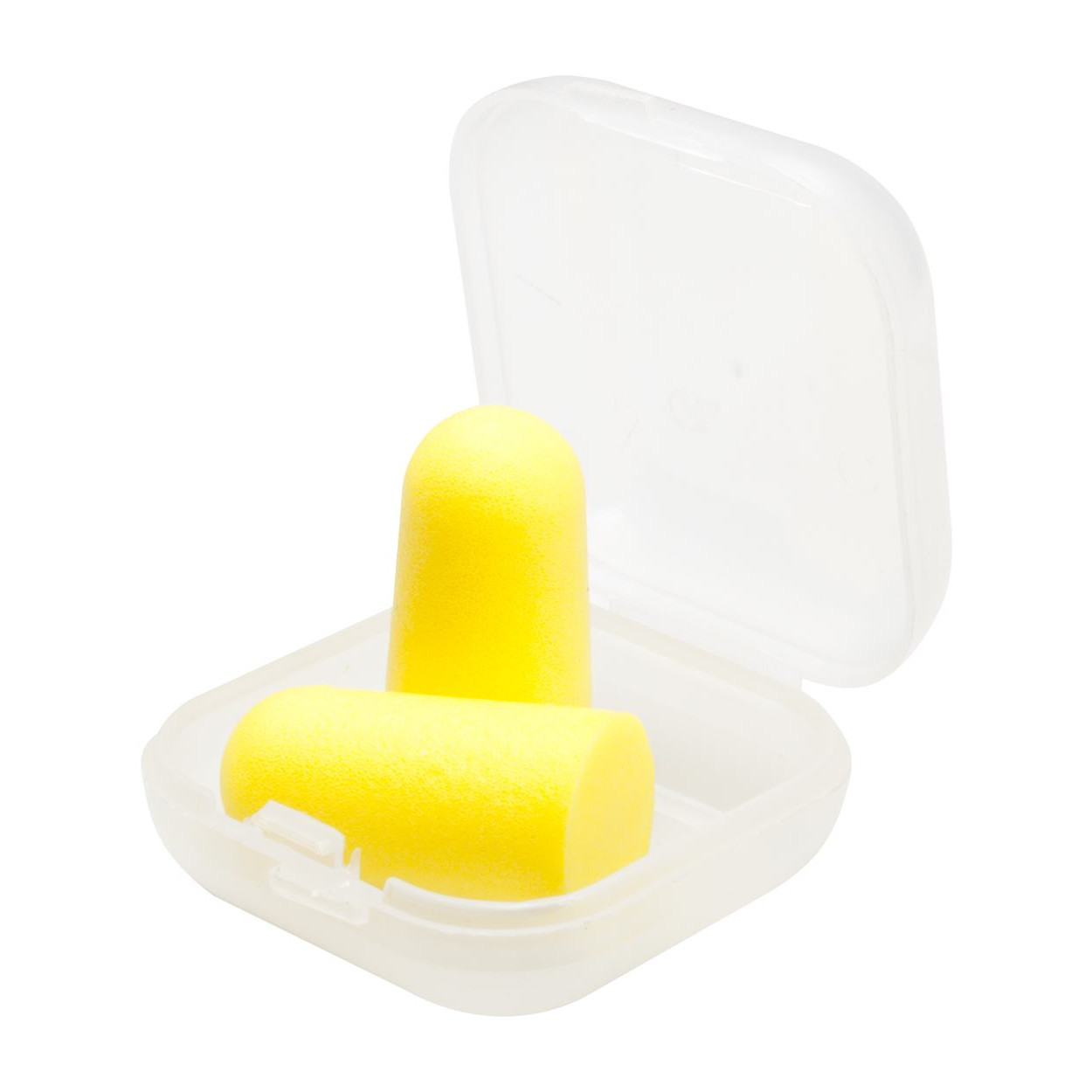 Tappi per orecchie gialli in eva con custodia di plastica trasparente