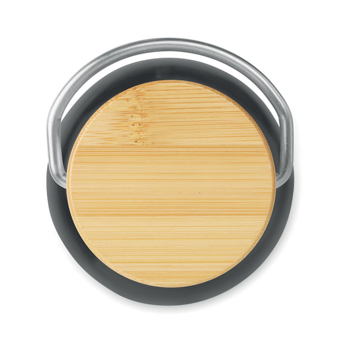 Borraccia in tritan nero con tappo in acciaio inox e dettagli in bamboo