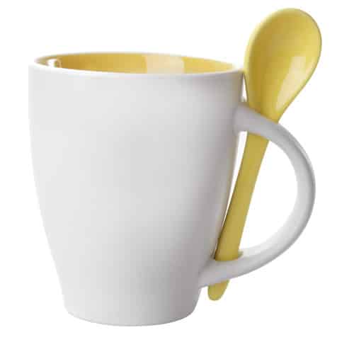 Tazza bianca con interno e cucchiaio verdi