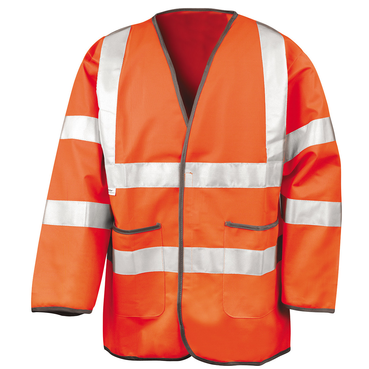 Giacca arancione con strisce di sicurezza verticali e orizzontali con doppia tasca e chiusura in velcro 100% poliestere