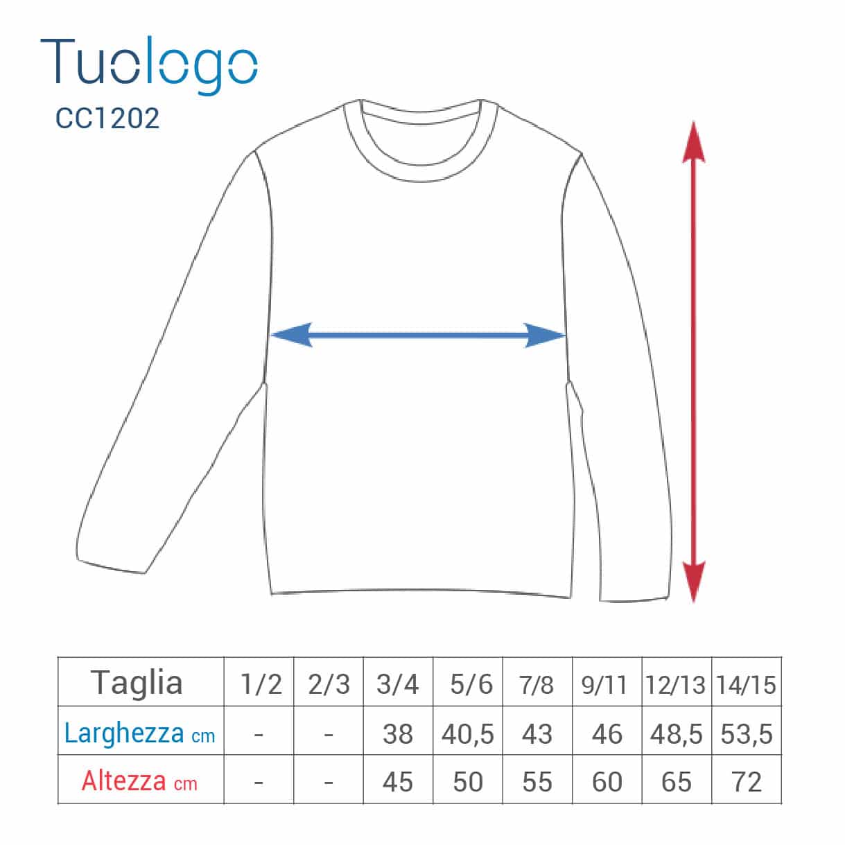 Schema delle misure in base alle taglie in cm per le tshirt bambino manica lunga
