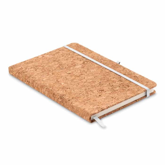 Bloc notes in sughero con porta penna, chisura a elastico e novantasei fogli a righe