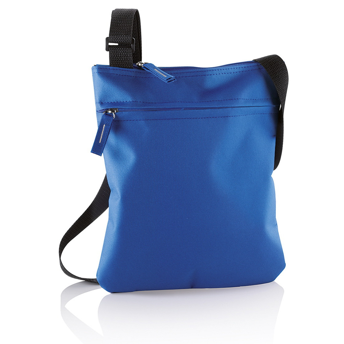 Tracolla blu con comparto principale e tasca frontale con zip