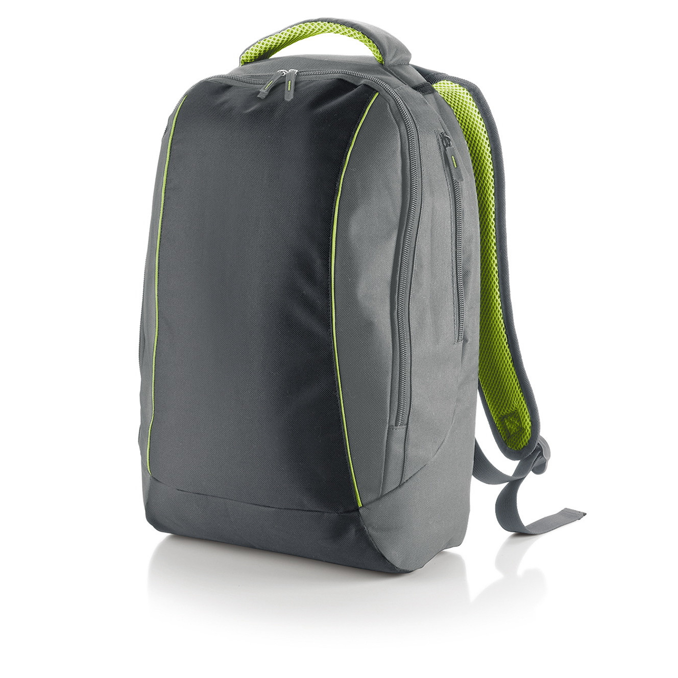 Zaino grigio e giallo porta computer con comparto centrale accessoriato e tasca frontale con zip