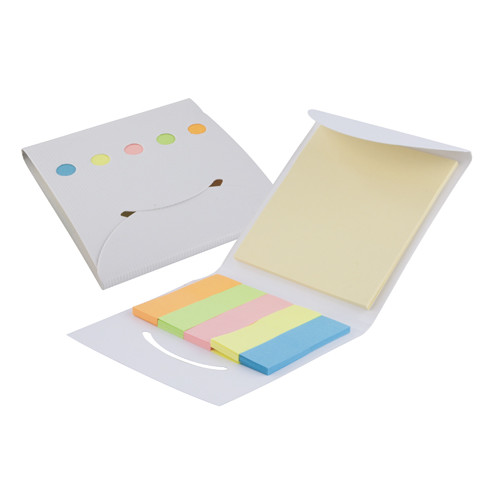 Blocnotes bianco contenente venti fogli adesivi grandi e cento piccoli in cinque colori diversi